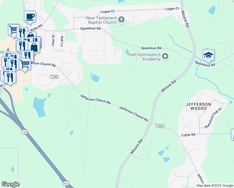 map of restaurants, bars, coffee shops, grocery stores, and more near 9585 Jefferson Church Road in Tobaccoville