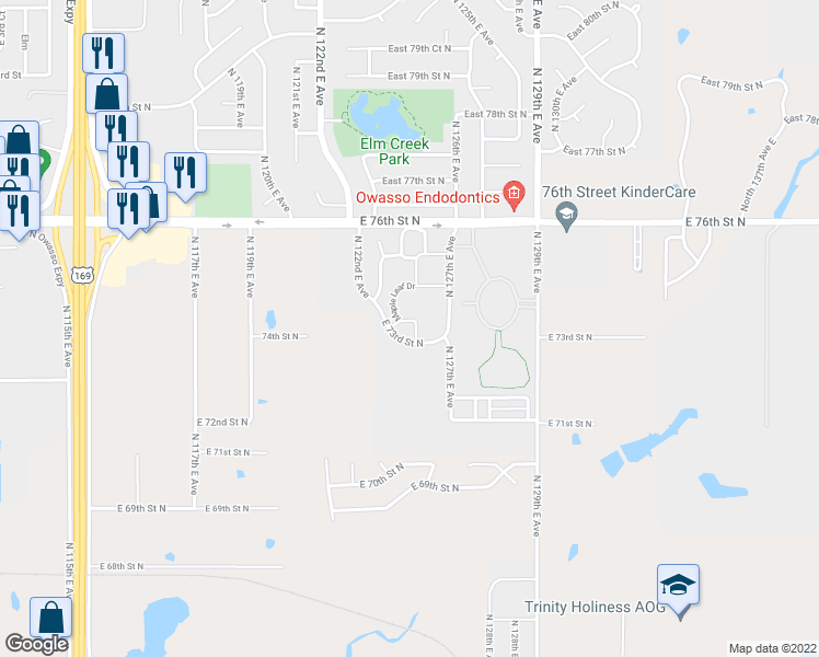 map of restaurants, bars, coffee shops, grocery stores, and more near 12317 East 73rd Street North in Owasso