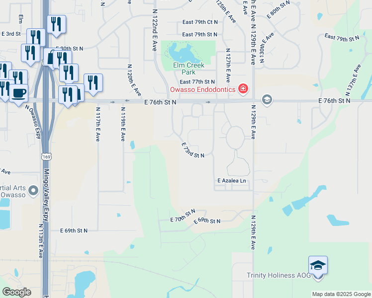 map of restaurants, bars, coffee shops, grocery stores, and more near 12514 East 73rd Street North in Owasso