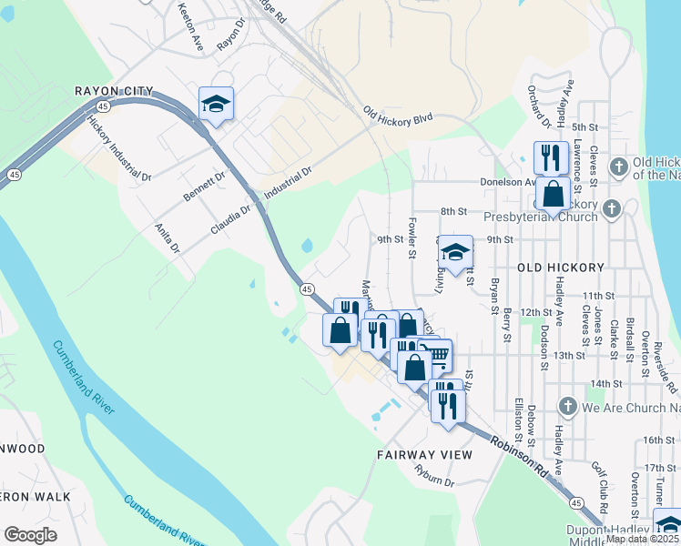 map of restaurants, bars, coffee shops, grocery stores, and more near 1205 Robinson Road in Nashville
