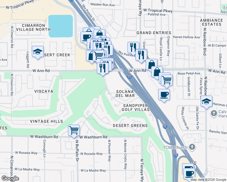 map of restaurants, bars, coffee shops, grocery stores, and more near 7330 Camrose Ridge Place in Las Vegas