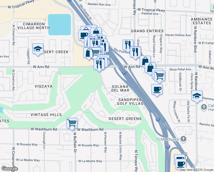 map of restaurants, bars, coffee shops, grocery stores, and more near 7330 Camrose Ridge Place in Las Vegas