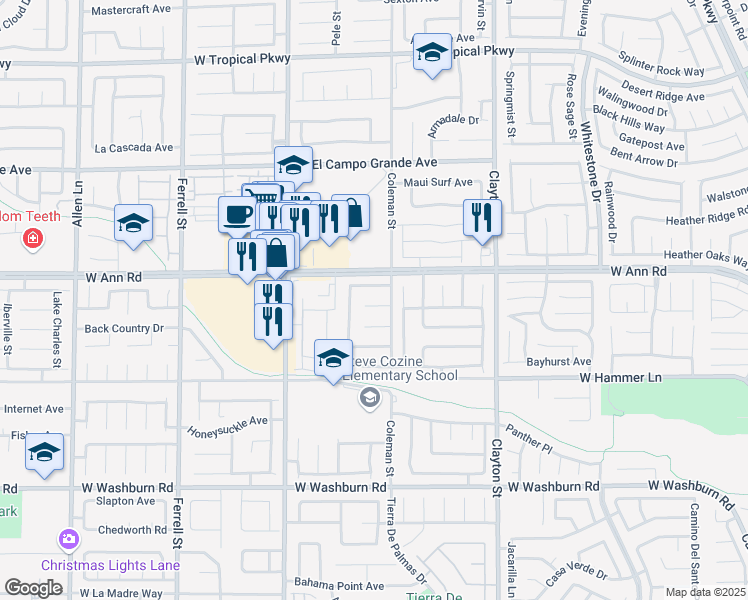map of restaurants, bars, coffee shops, grocery stores, and more near 2416 Sunset Hills Court in North Las Vegas