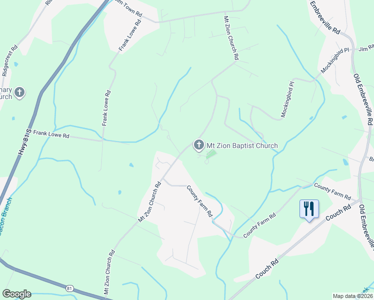 map of restaurants, bars, coffee shops, grocery stores, and more near 284 Mount Zion Church Road in Jonesborough