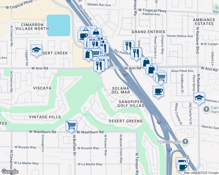 map of restaurants, bars, coffee shops, grocery stores, and more near 7330 Camrose Ridge Place in Las Vegas