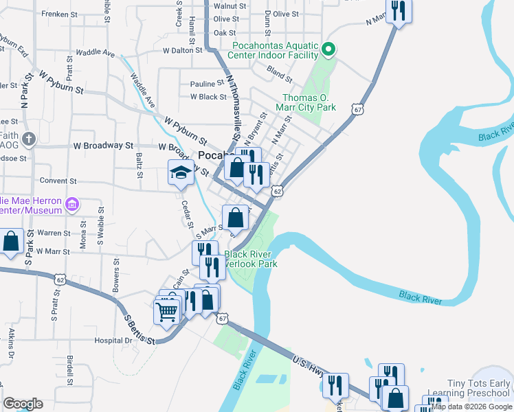 map of restaurants, bars, coffee shops, grocery stores, and more near in Pocahontas