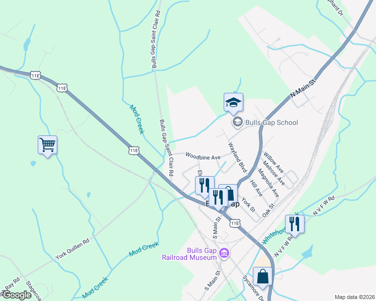 map of restaurants, bars, coffee shops, grocery stores, and more near 139 Woodbine Avenue in Bulls Gap