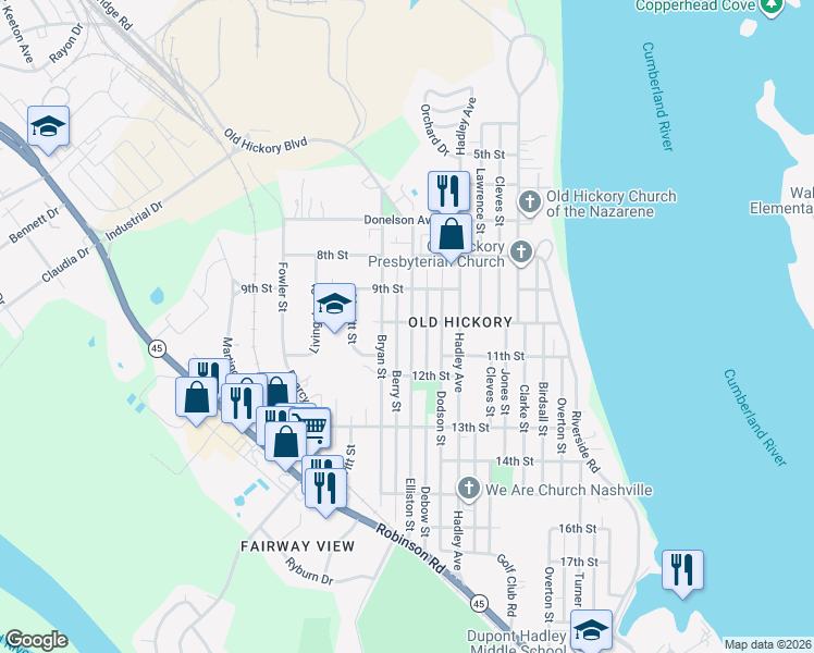 map of restaurants, bars, coffee shops, grocery stores, and more near 912 Berry Street in Nashville