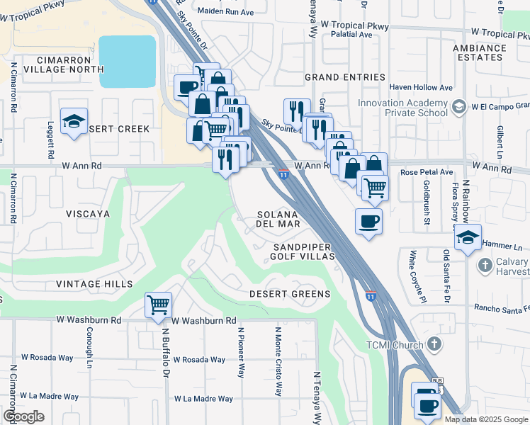 map of restaurants, bars, coffee shops, grocery stores, and more near 7290 Sheared Cliff Lane in Las Vegas