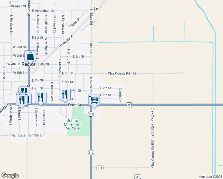map of restaurants, bars, coffee shops, grocery stores, and more near 819 East 7th Street in Rector