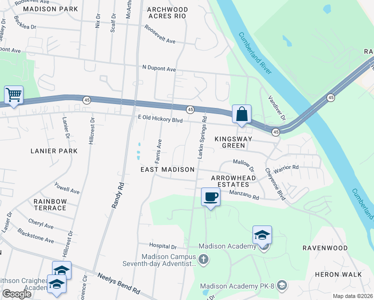 map of restaurants, bars, coffee shops, grocery stores, and more near 1020 East Old Hickory Boulevard in Nashville