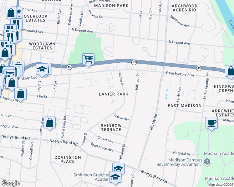 map of restaurants, bars, coffee shops, grocery stores, and more near 2213 Milan Court in Nashville