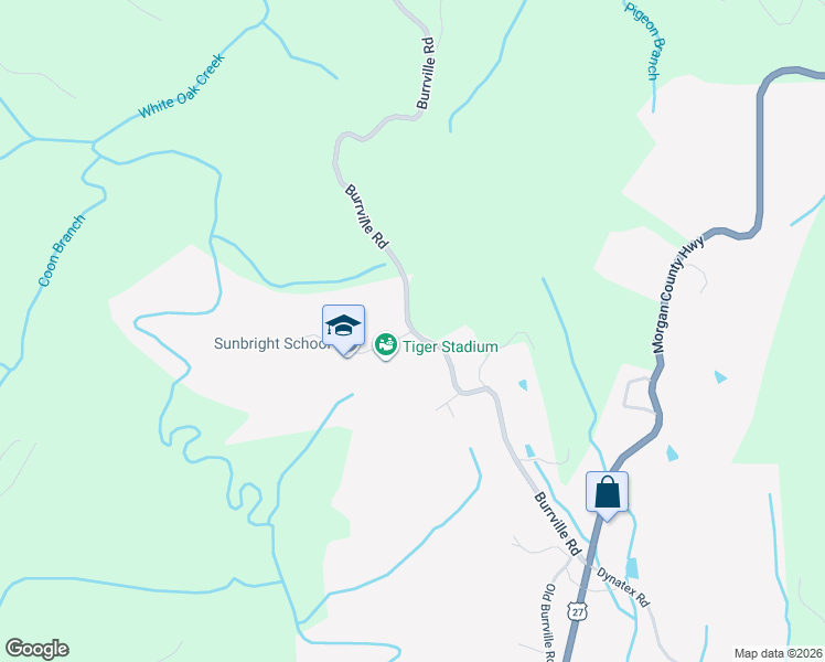 map of restaurants, bars, coffee shops, grocery stores, and more near 168 Burrville Road in Sunbright