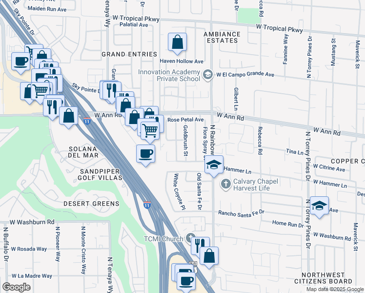 map of restaurants, bars, coffee shops, grocery stores, and more near 5417 Goldbrush Street in Las Vegas