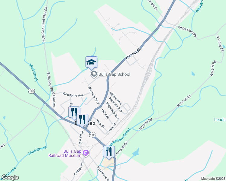 map of restaurants, bars, coffee shops, grocery stores, and more near 308 Hillcrest Lane in Bulls Gap