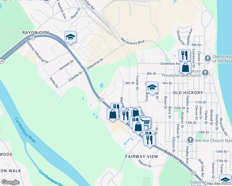 map of restaurants, bars, coffee shops, grocery stores, and more near 1205 Robinson Road in Nashville