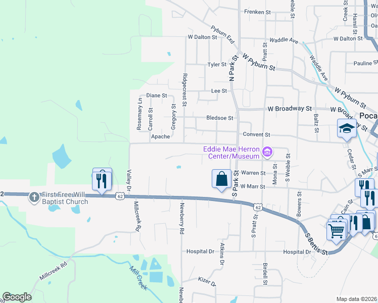 map of restaurants, bars, coffee shops, grocery stores, and more near 2401 West Drew Street in Pocahontas