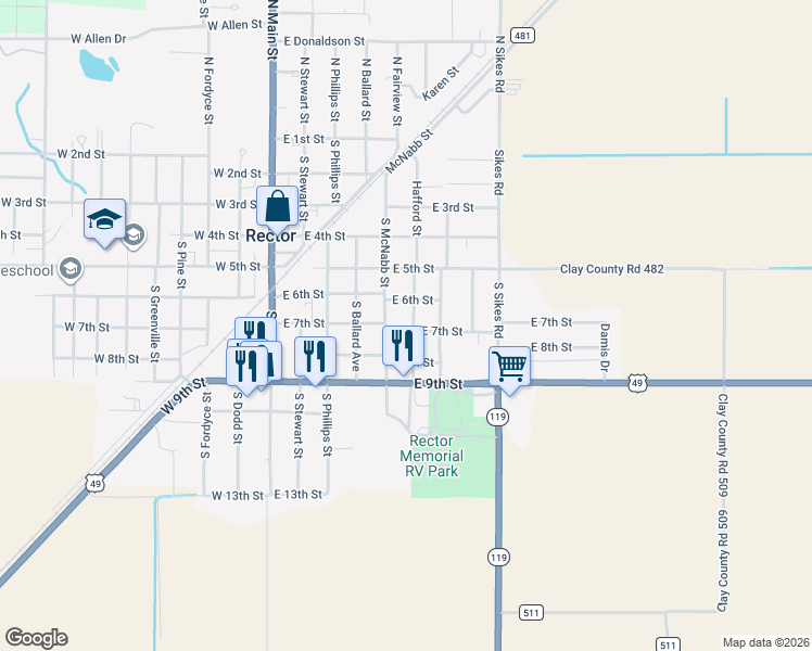 map of restaurants, bars, coffee shops, grocery stores, and more near 615 McNabb Street in Rector