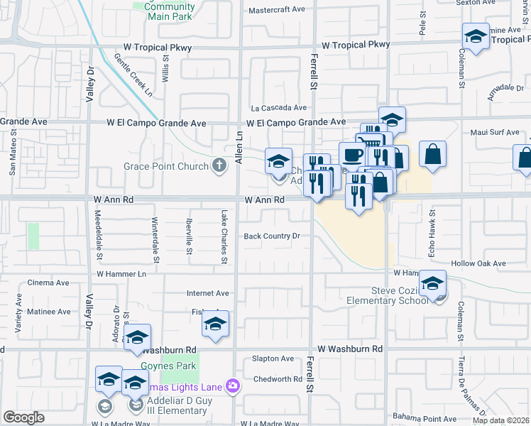 map of restaurants, bars, coffee shops, grocery stores, and more near 5526 Megan Faye Street in North Las Vegas