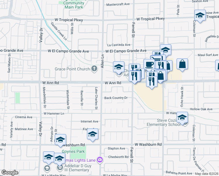 map of restaurants, bars, coffee shops, grocery stores, and more near 5531 Megan Faye Street in North Las Vegas