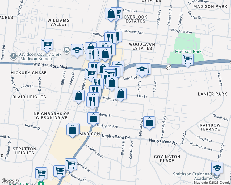 map of restaurants, bars, coffee shops, grocery stores, and more near 210 Second Avenue in Nashville
