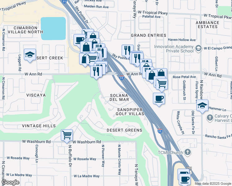 map of restaurants, bars, coffee shops, grocery stores, and more near 7280 Sheared Cliff Lane in Las Vegas