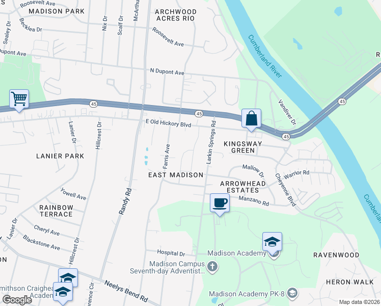 map of restaurants, bars, coffee shops, grocery stores, and more near 1020 East Old Hickory Boulevard in Nashville