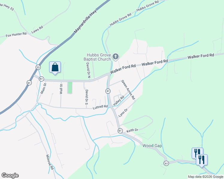 map of restaurants, bars, coffee shops, grocery stores, and more near 807 Tennessee 61 in Maynardville