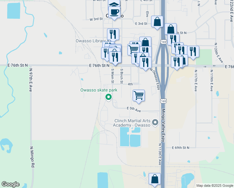 map of restaurants, bars, coffee shops, grocery stores, and more near 412 South Birch Street in Owasso