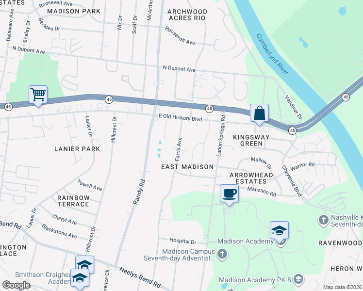 map of restaurants, bars, coffee shops, grocery stores, and more near 205 Farris Avenue in Nashville