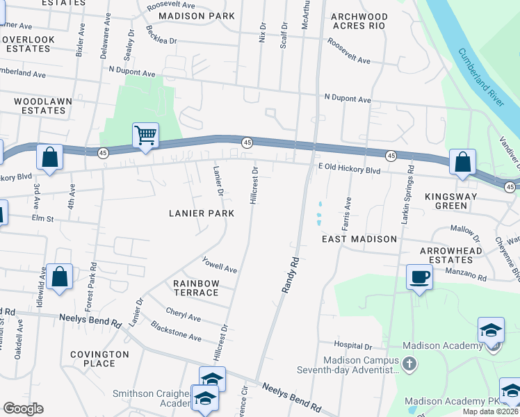 map of restaurants, bars, coffee shops, grocery stores, and more near 221 Hillcrest Drive in Nashville