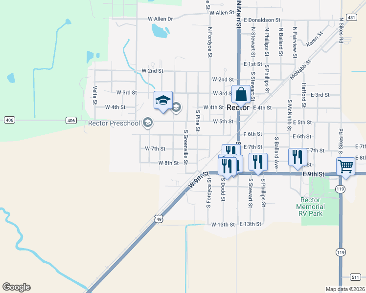map of restaurants, bars, coffee shops, grocery stores, and more near 611 South Greenville Street in Rector