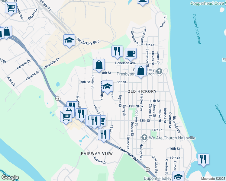 map of restaurants, bars, coffee shops, grocery stores, and more near 913 Merritt Street in Nashville