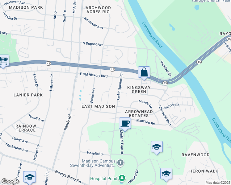 map of restaurants, bars, coffee shops, grocery stores, and more near 128 Larkin Springs Road in Nashville