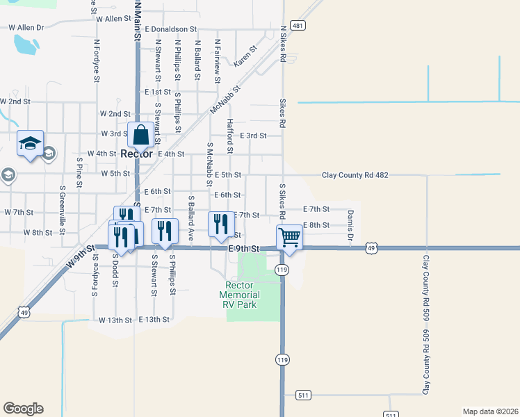 map of restaurants, bars, coffee shops, grocery stores, and more near 618 Clayton St in Rector