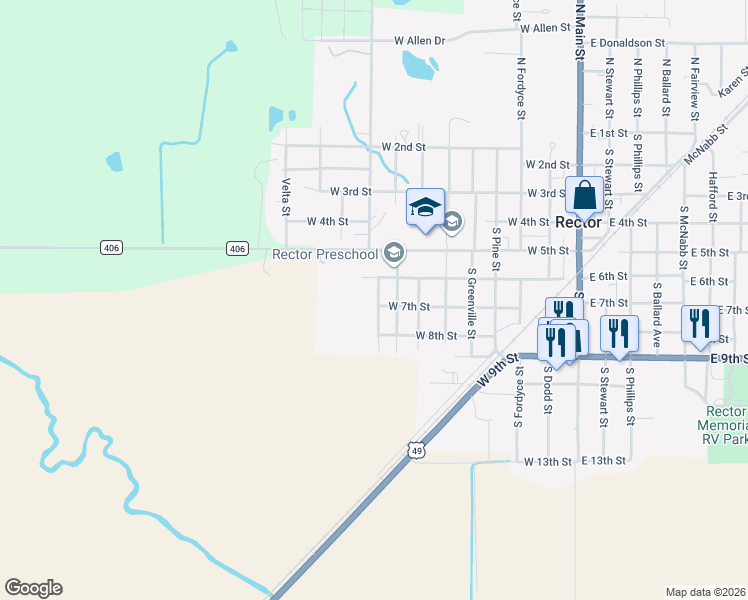 map of restaurants, bars, coffee shops, grocery stores, and more near 620 South Lasalle Street in Rector