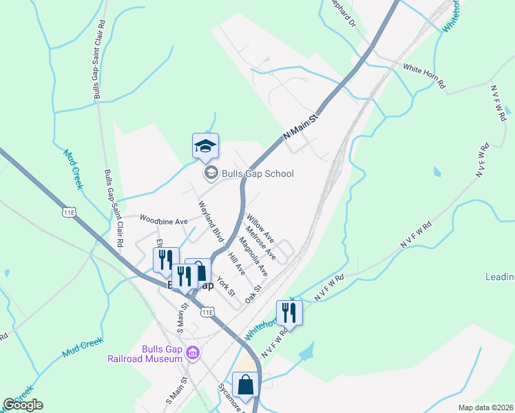 map of restaurants, bars, coffee shops, grocery stores, and more near 308 Hillcrest Ln in Bulls Gap