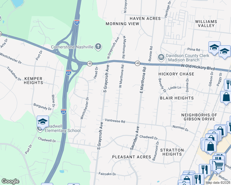 map of restaurants, bars, coffee shops, grocery stores, and more near 206 West Marthona Road in Nashville