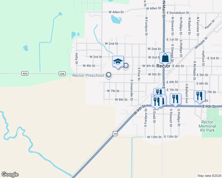 map of restaurants, bars, coffee shops, grocery stores, and more near 708 West 7th Street in Rector