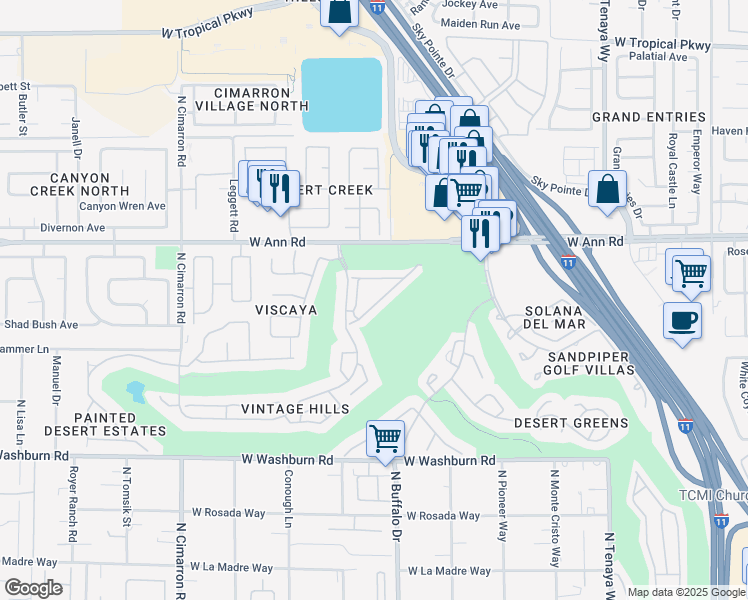 map of restaurants, bars, coffee shops, grocery stores, and more near 7640 Rolling View Drive in Las Vegas