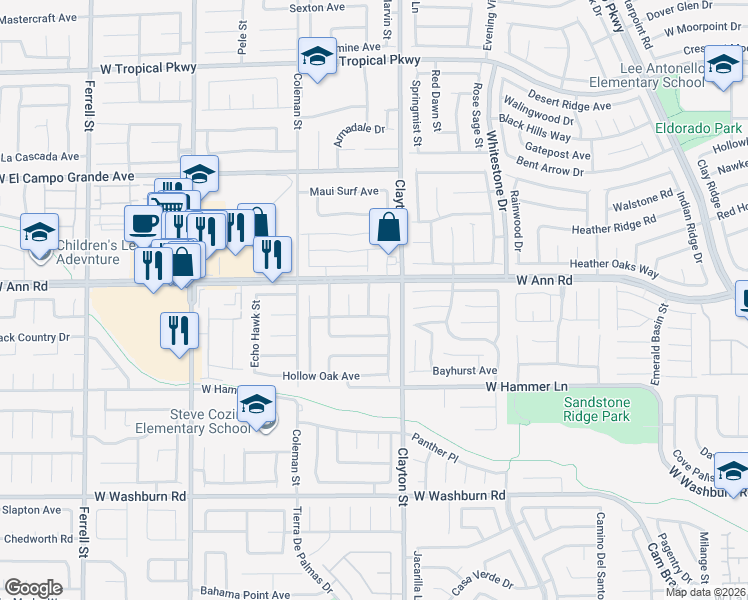 map of restaurants, bars, coffee shops, grocery stores, and more near 5532 Great Divide Street in North Las Vegas