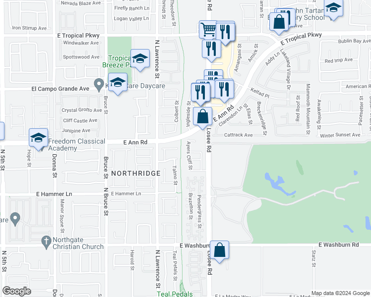 map of restaurants, bars, coffee shops, grocery stores, and more near 5537 Ayers Cliff Street in North Las Vegas