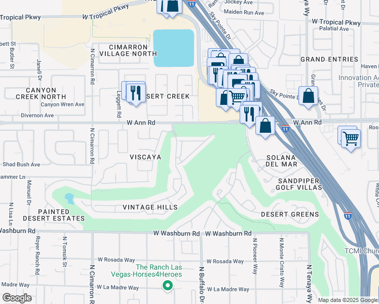map of restaurants, bars, coffee shops, grocery stores, and more near 7636 Rolling View Drive in Las Vegas