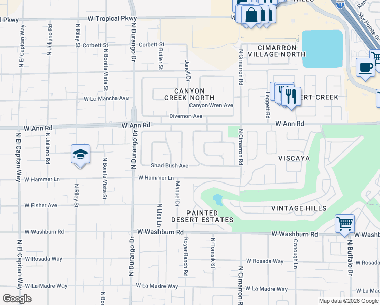 map of restaurants, bars, coffee shops, grocery stores, and more near 5433 Escallonia Street in Las Vegas