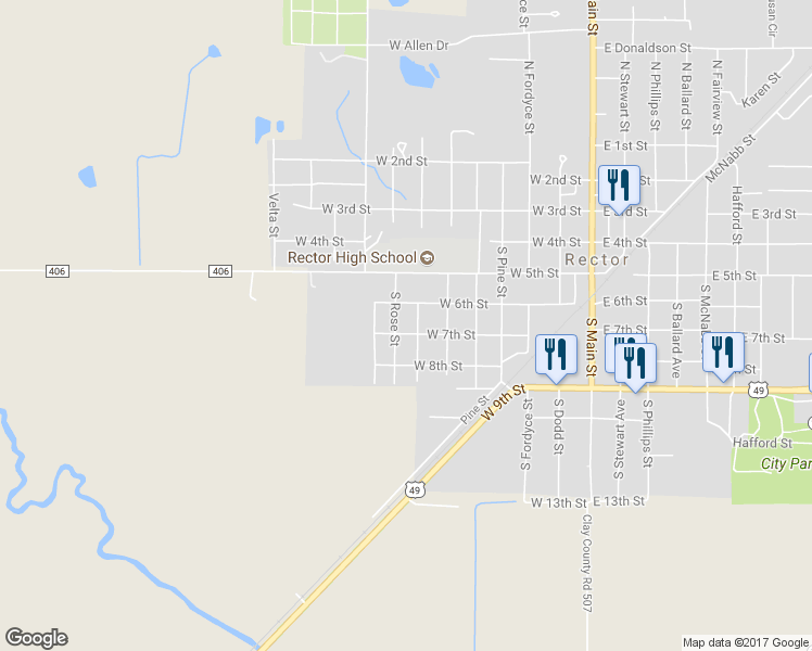 map of restaurants, bars, coffee shops, grocery stores, and more near 708 West 7th Street in Rector