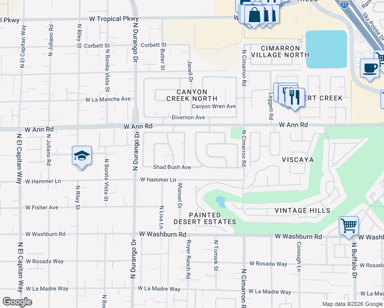 map of restaurants, bars, coffee shops, grocery stores, and more near 5433 Escallonia Street in Las Vegas