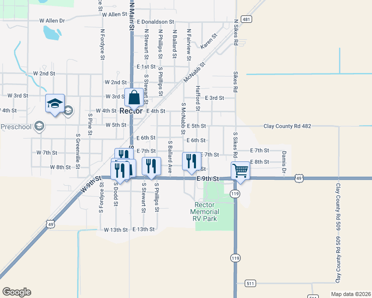 map of restaurants, bars, coffee shops, grocery stores, and more near 615 South McNabb Street in Rector