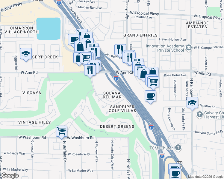 map of restaurants, bars, coffee shops, grocery stores, and more near 7270 Sheared Cliff Lane in Las Vegas