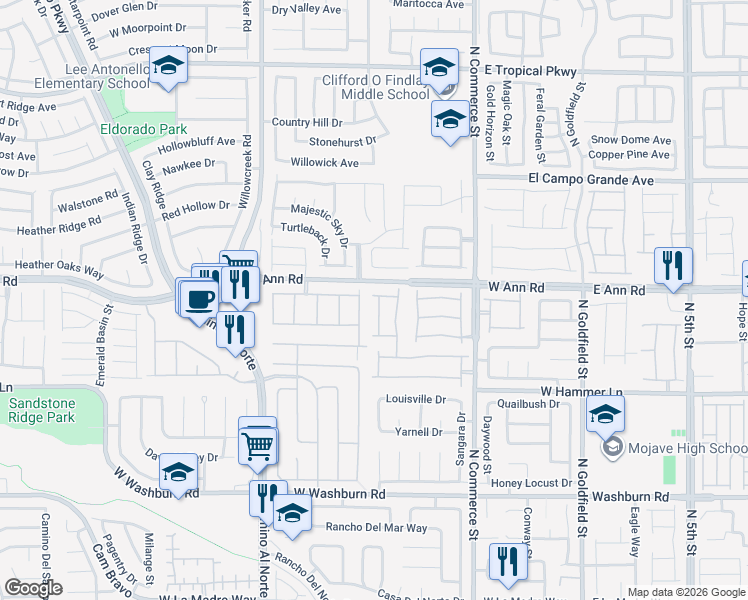 map of restaurants, bars, coffee shops, grocery stores, and more near 5541 Meridian Rain Street in North Las Vegas