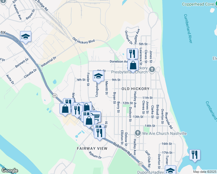 map of restaurants, bars, coffee shops, grocery stores, and more near 913 Merritt Street in Nashville